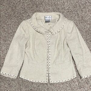 Ivory Tweed with gold fleck floral beaded lace trimmed Peter Pan Collar blazer